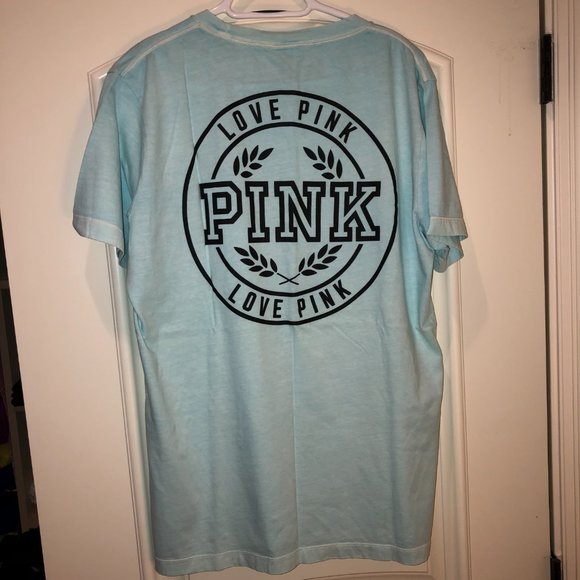 PINK Victoria's Secret Light Blue Cotton T-Shirt with Embroidery Logo Size L - Picture 2 of 3